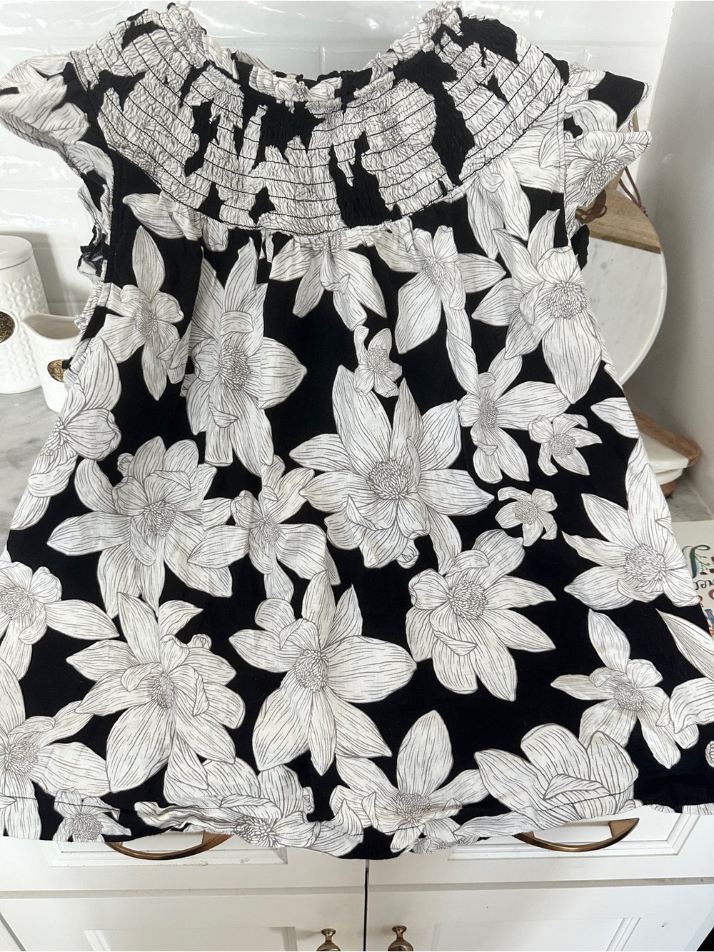 crown & ivy Black and White Floral Smocked Shirt